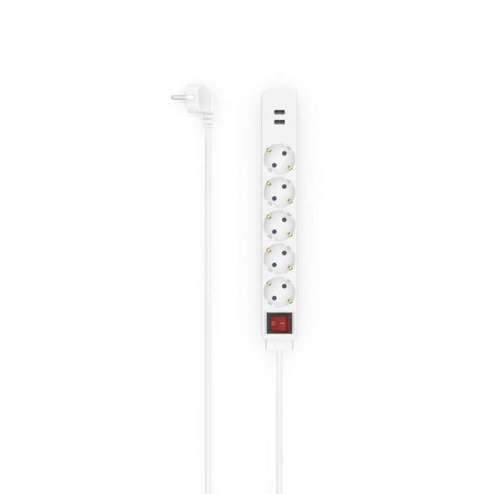 Разклонител HAMA USB 3.4A, 5 гнезда, 2x USB, 3400mA, 1.4м, 3680W, Бял - 223183