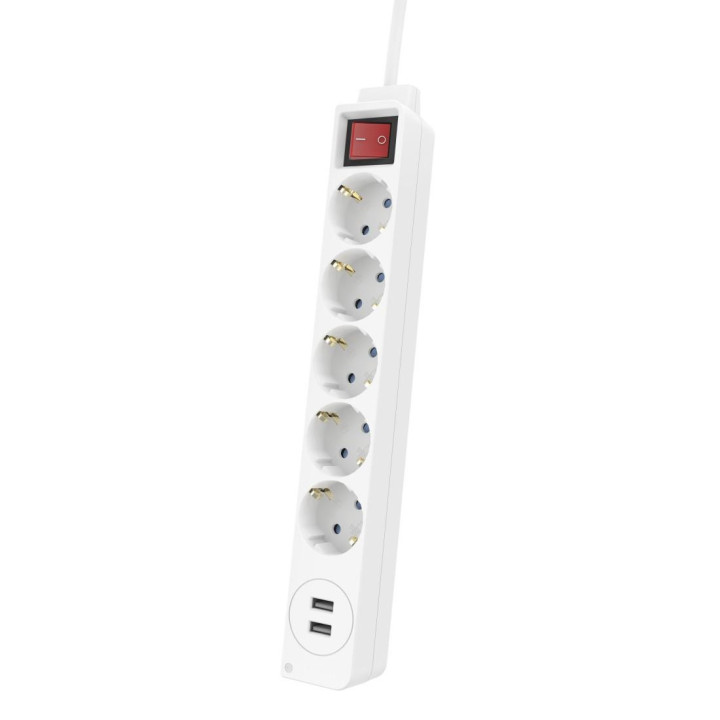 Разклонител HAMA USB 3.4A, 5 гнезда, 2x USB, 3400mA, 1.4м, 3680W, Бял - 223183
