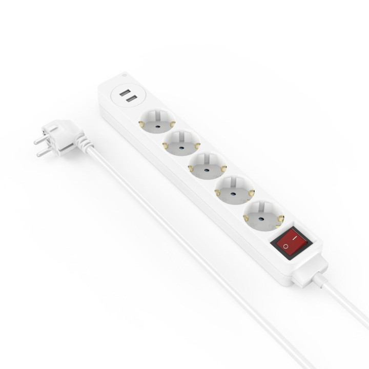Разклонител HAMA USB 3.4A, 5 гнезда, 2x USB, 3400mA, 1.4м, 3680W, Бял - 223183