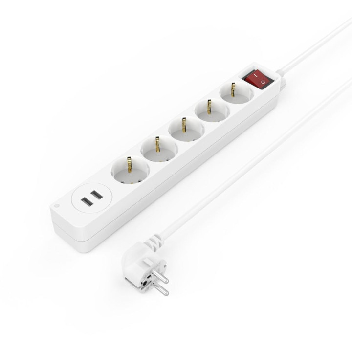 Разклонител HAMA USB 3.4A, 5 гнезда, 2x USB, 3400mA, 1.4м, 3680W, Бял - 223183