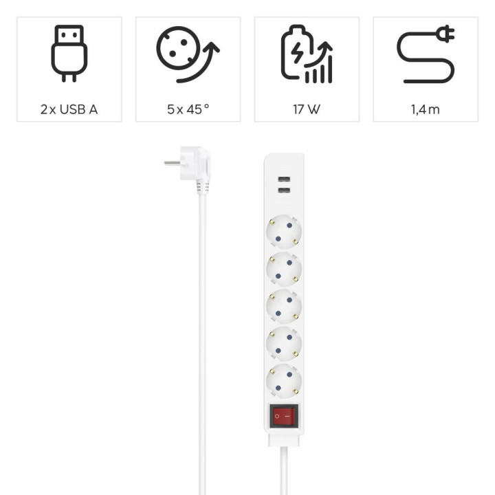 Разклонител HAMA USB 3.4A, 5 гнезда, 2x USB, 3400mA, 1.4м, 3680W, Бял - 223183