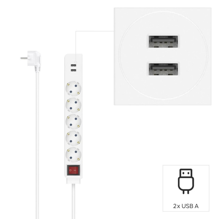 Разклонител HAMA USB 3.4A, 5 гнезда, 2x USB, 3400mA, 1.4м, 3680W, Бял - 223183