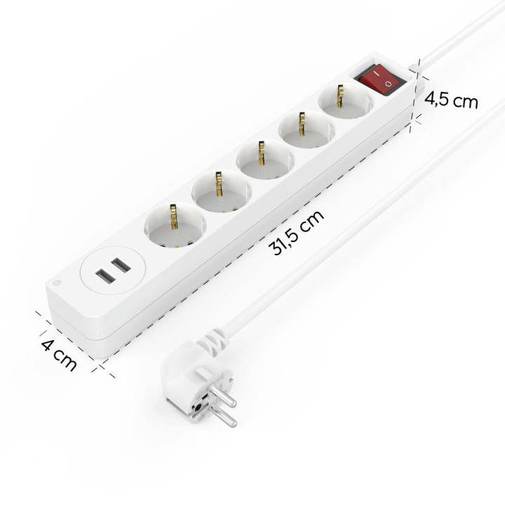Разклонител HAMA USB 3.4A, 5 гнезда, 2x USB, 3400mA, 1.4м, 3680W, Бял - 223183