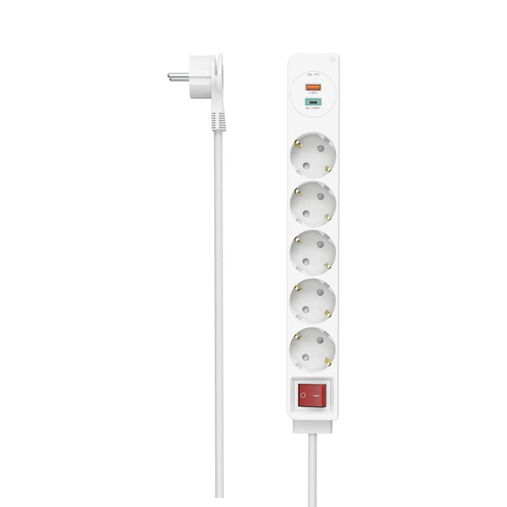 Разклонител HAMA USB-C/USB-A 3.4A, 5 гнезда, 2x USB, PD/Quick charge, макс 18W, 1.4м, 3680W, бял - 223186
