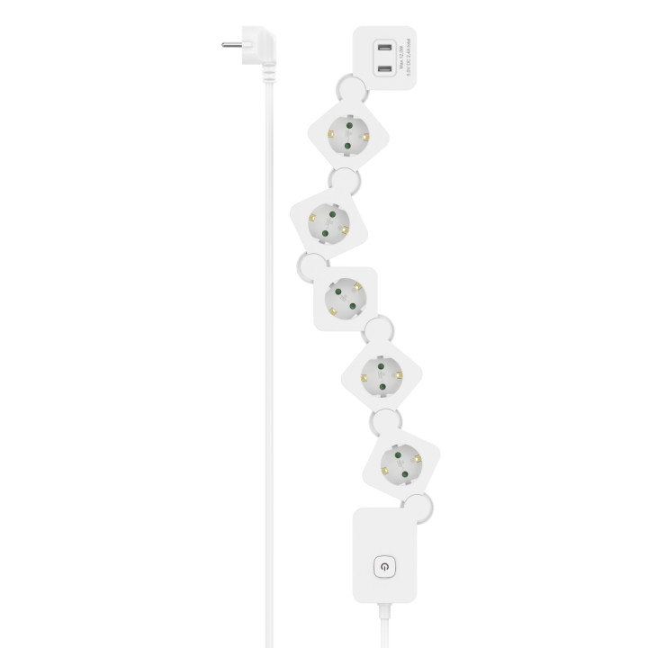 Разклонител HAMA 5 гнезда, USB-A 12 W, гъвкав, превключвател, 1, 4 м, бял - 223190