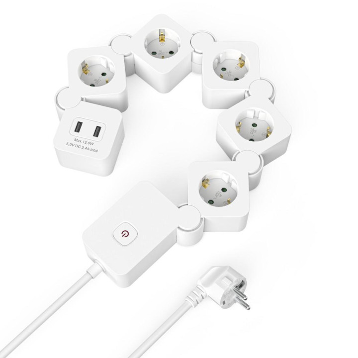 Разклонител HAMA 5 гнезда, USB-A 12 W, гъвкав, превключвател, 1, 4 м, бял - 223190