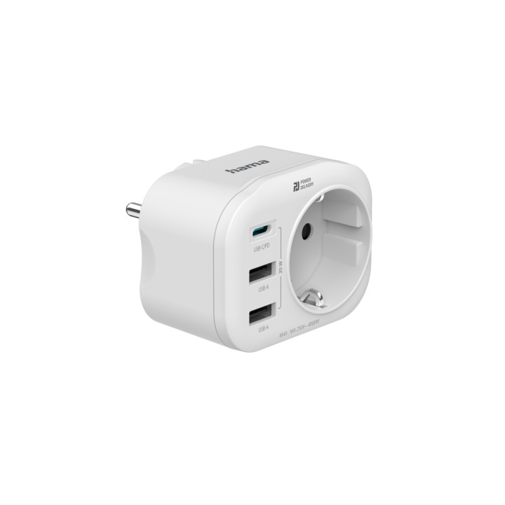 Мултипортов контакт HAMA, 4 гнезда, 1 x USB-C PD, 2 x USB-A, 20W, Бял - 223342