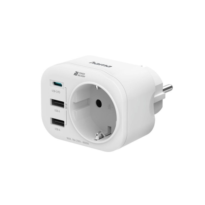 Мултипортов контакт HAMA, 4 гнезда, 1 x USB-C PD, 2 x USB-A, 20W, Бял - 223342