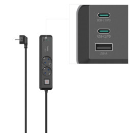 Разклонител Hama, 2-гнезда, USB-C/A 65 W, PD, ключ on/off, 1.4 m, черен/сив - 223188