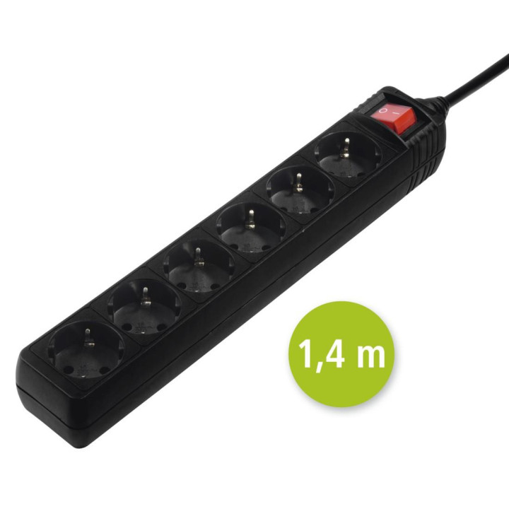 Разклонител HAMA 30394, 6 гнезда, 1.4м, черен, с бутон вкл/изкл - 30394