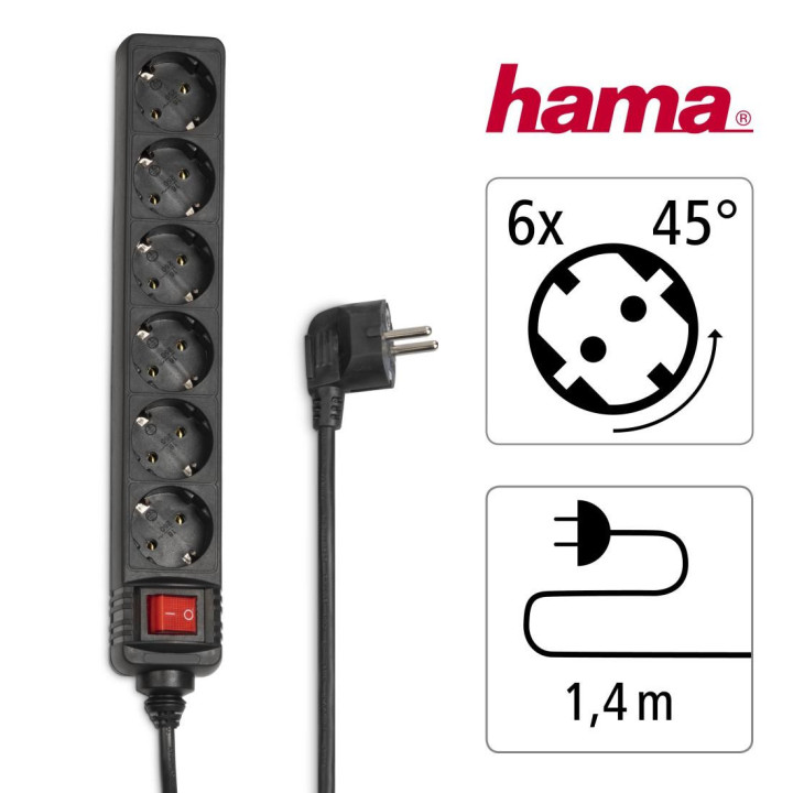 Разклонител HAMA 30394, 6 гнезда, 1.4м, черен, с бутон вкл/изкл - 30394