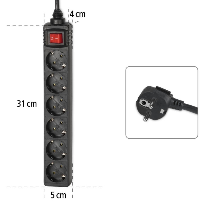 Разклонител HAMA 30394, 6 гнезда, 1.4м, черен, с бутон вкл/изкл - 30394