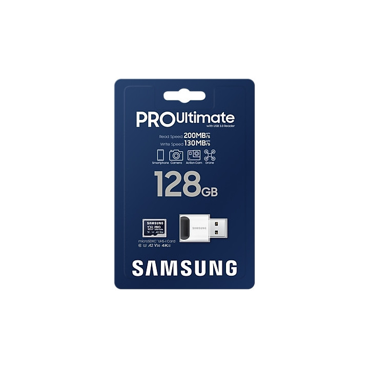 Карта памет Samsung 128GB micro SD Card PRO Ultimate with USB Reader, UHS-I, Read 200MB/s - Write 130MB/s, U3, V30, A2 - MB-MY128SB/WW
