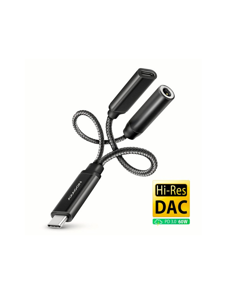 Звукова карта AXAGON ADA-HCPD USB-C to 3.5mm jack - Hi-Res DAC audio adapter, 384kHz/32bit, PD 60W 3A