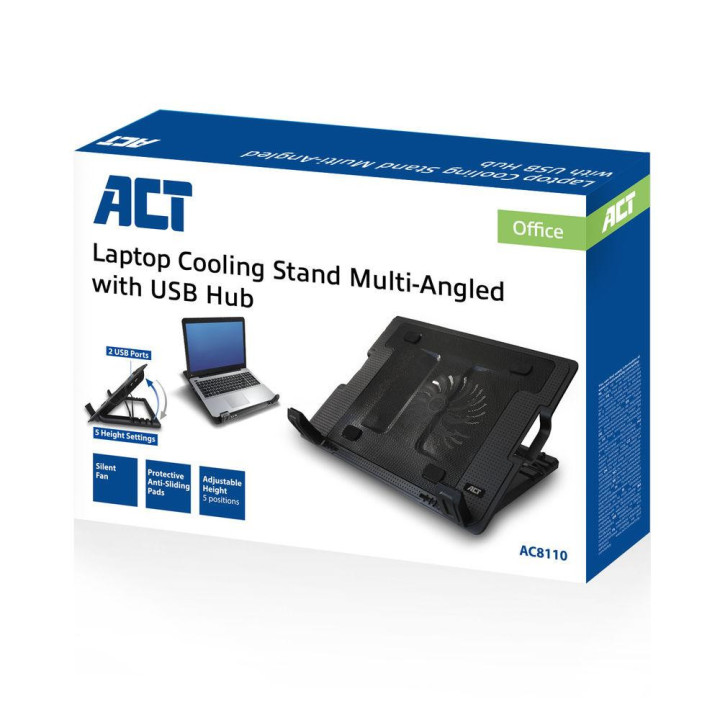 Охлаждаща поставка за лаптоп ACT, До 17", С един вентилатор, 2 x USB хъб, Черен - AC8110