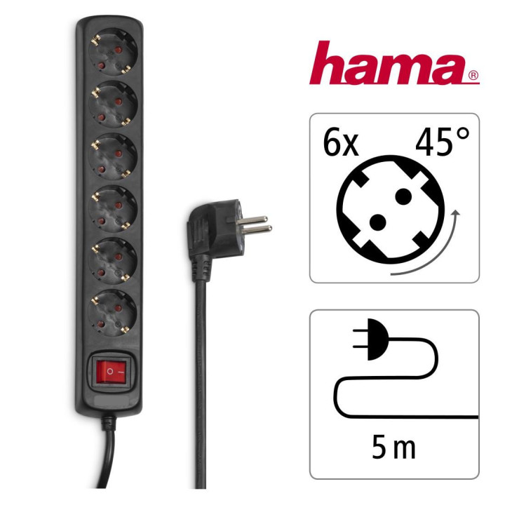Разклонител HAMA с 6 гнезда  137266, 5м, черен с бутон вкл/изкл, Черен - 137266