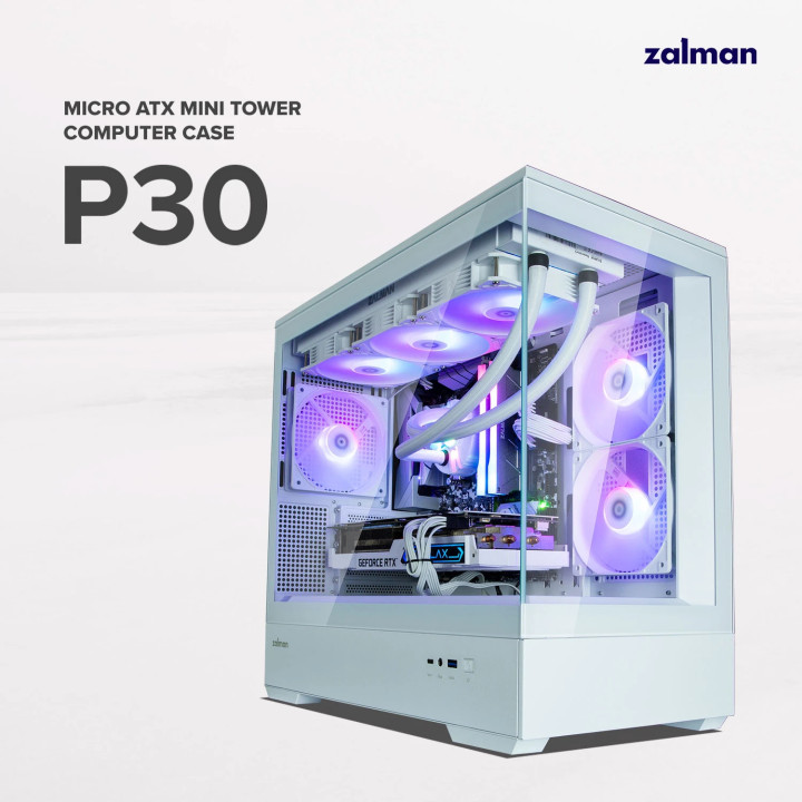 Кутия за компютър Zalman P30 White, mATX, aRGB, Tempered Glass - ZM-P30-WHITE