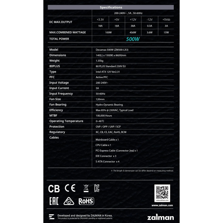 Захранване Zalman PSU DecaMax 500W 80  - ZM500-LX3