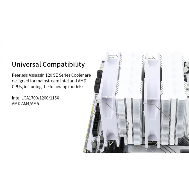 Охладител за процесор Thermalright Peerless Assassin 120 SE A-RGB White, Dual-Tower, LGA1851/LGA1700/AM5 - PEERLESS-ASSASSIN-120-SE-WH-ARGB