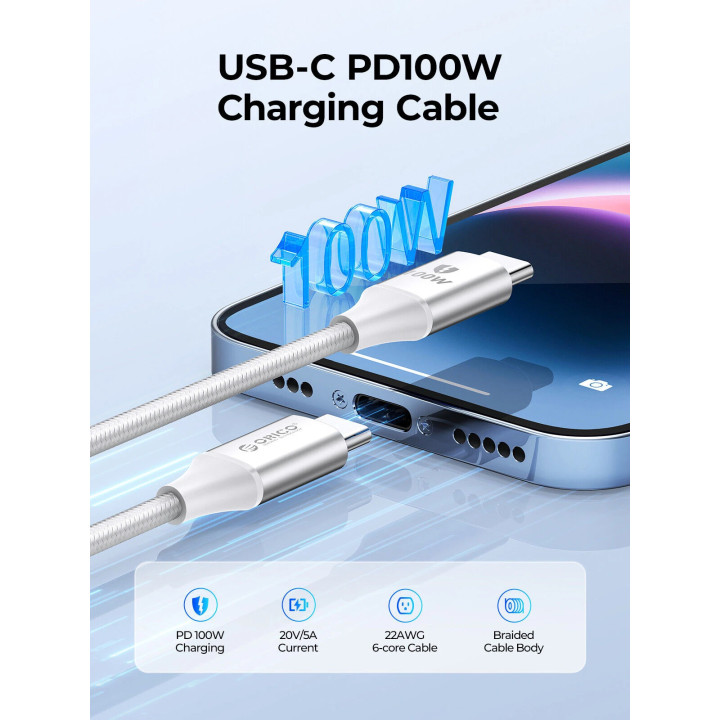 Кабел Orico USB C-to-C PD 100W Charging 1.0m White - CDX-100CC-WH