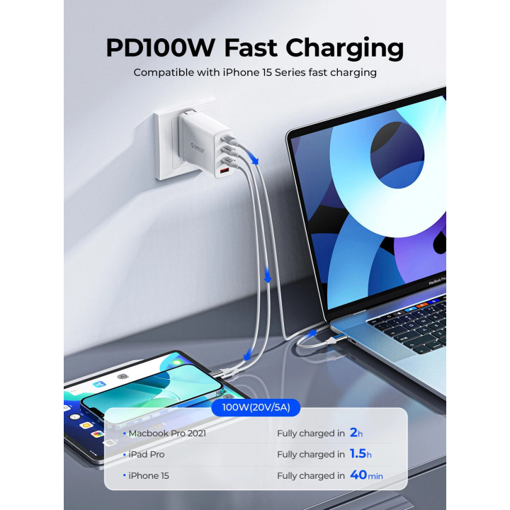 Кабел Orico USB C-to-C PD 100W Charging 1.0m White - CDX-100CC-WH