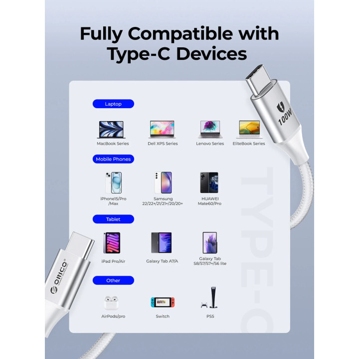Кабел Orico USB C-to-C PD 100W Charging 1.0m White - CDX-100CC-WH