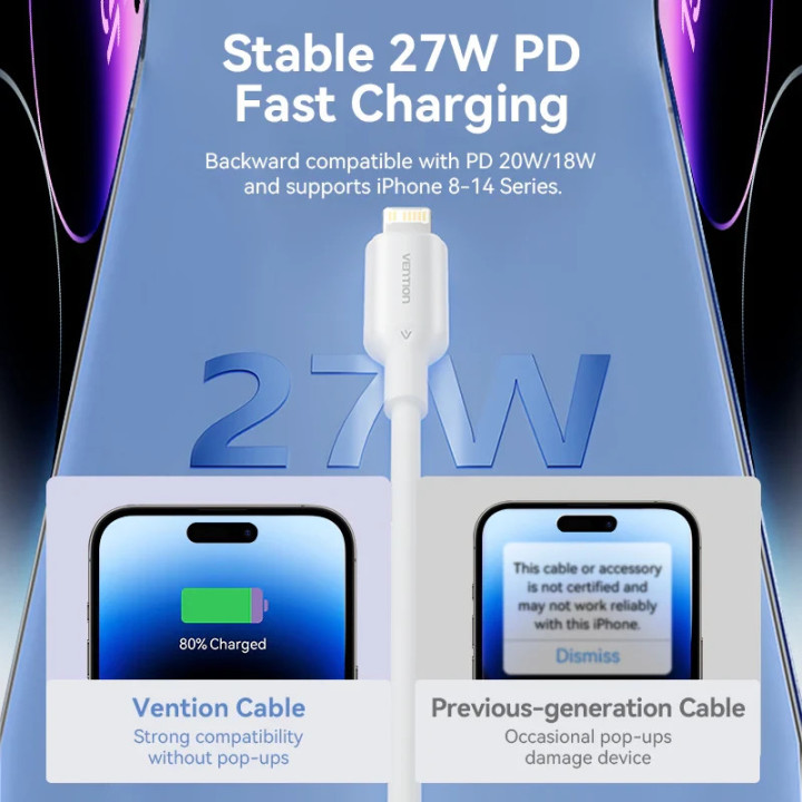 Кабел Vention Cable USB 2.0 Type-C to Lighting 1m White - LAKWF