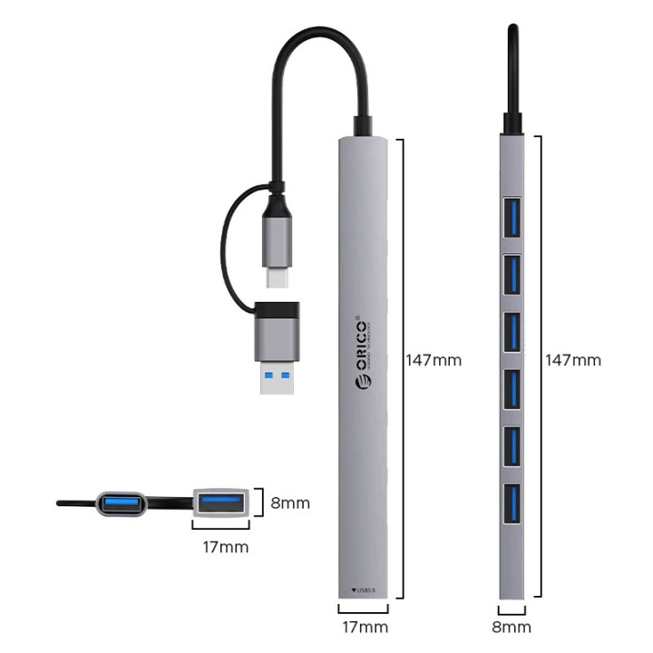Хъб Orico USB-C/USB-A 7 port - USB3.0 x 1, USB2.0 x 6 - YSA2-U3-GY
