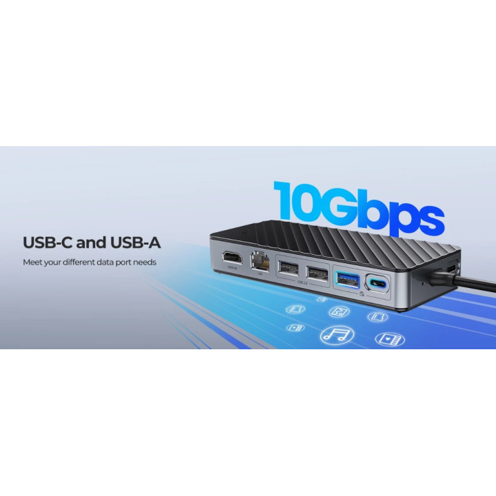Докинг станция Orico M.2 SATA/NVMe - HDMI, USB3.2-A x 1, USB-C (10Gbps) x 1, USB-C (PD100W), USB2.0-A x 2, LAN - OM28PR-G2-BK