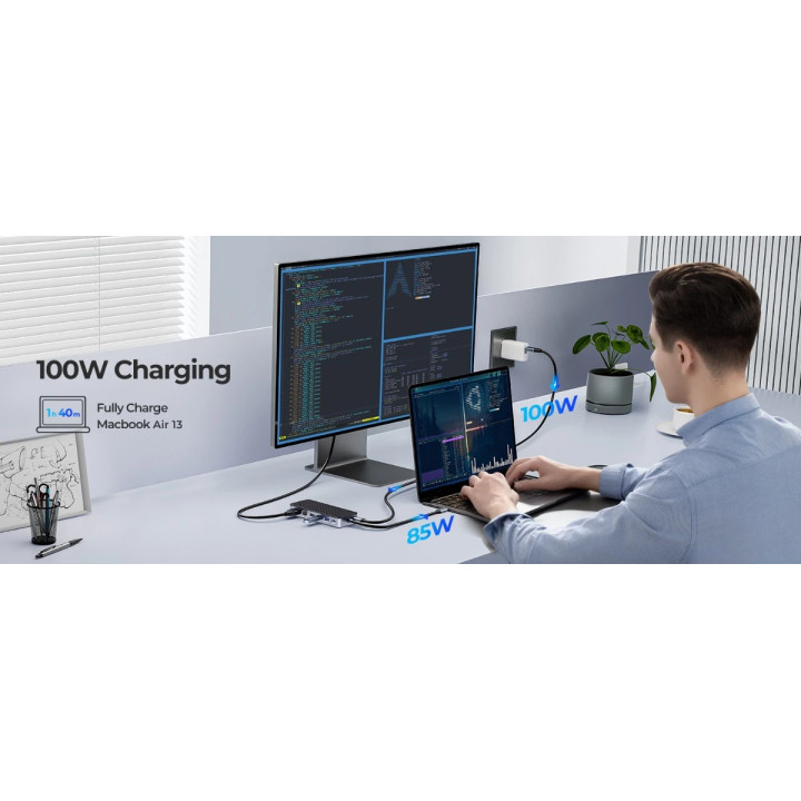 Докинг станция Orico M.2 SATA/NVMe - HDMI, USB3.2-A x 1, USB-C (10Gbps) x 1, USB-C (PD100W), USB2.0-A x 2, LAN - OM28PR-G2-BK
