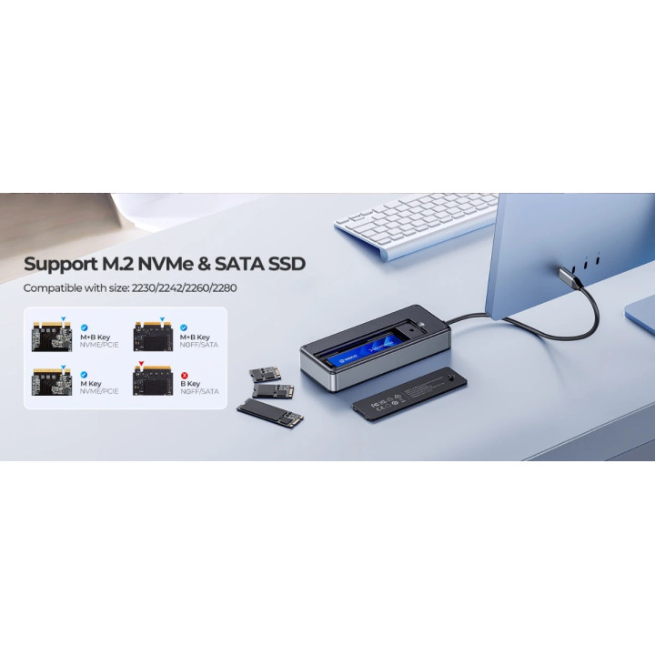Докинг станция Orico M.2 SATA/NVMe - HDMI, USB3.2-A x 1, USB-C (10Gbps) x 1, USB-C (PD100W), USB2.0-A x 2, LAN - OM28PR-G2-BK