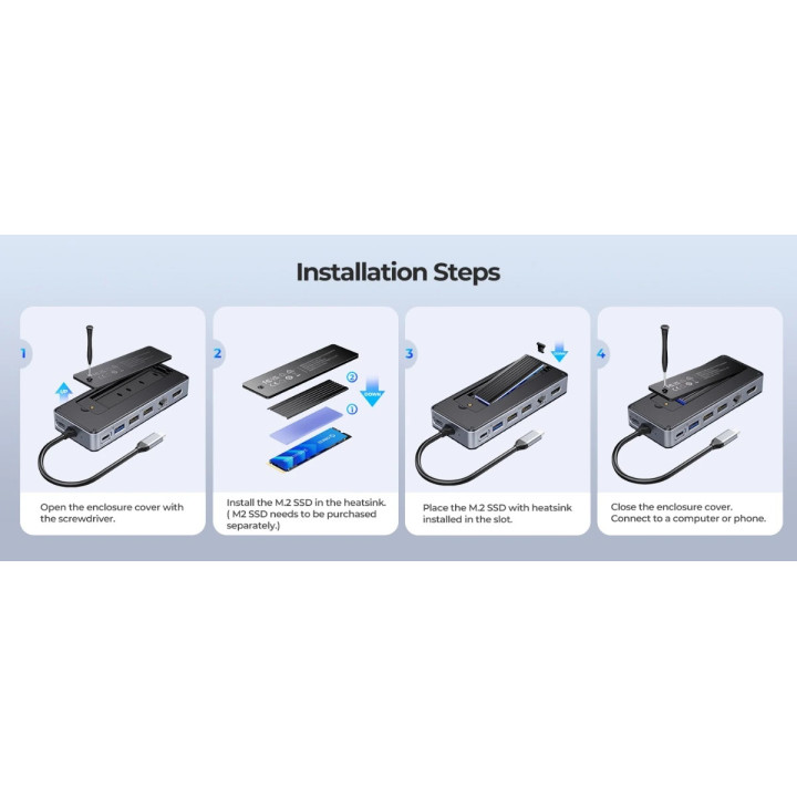 Докинг станция Orico M.2 SATA/NVMe - HDMI, USB3.2-A x 1, USB-C (10Gbps) x 1, USB-C (PD100W), USB2.0-A x 2, LAN - OM28PR-G2-BK