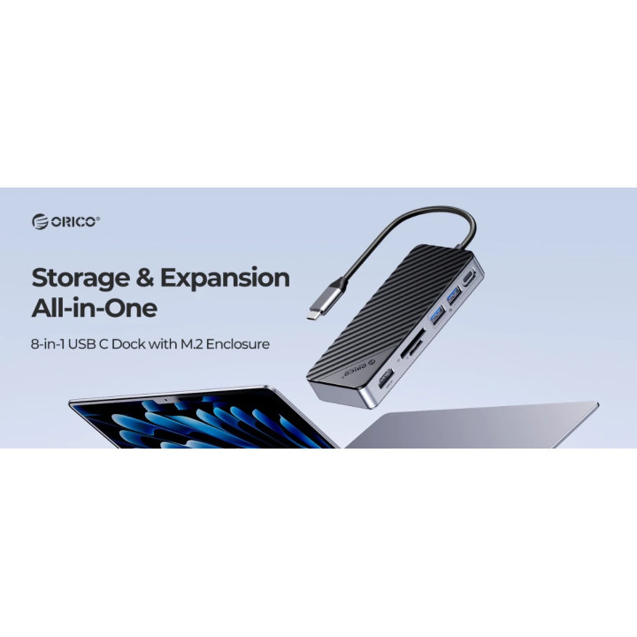 Докинг станция Orico M.2 SATA/NVMe - HDMI, USB3.2-A x 2, USB-C (10Gbps) x 1, USB-C (PD100W), SD/TF - OM28P-G2-BK