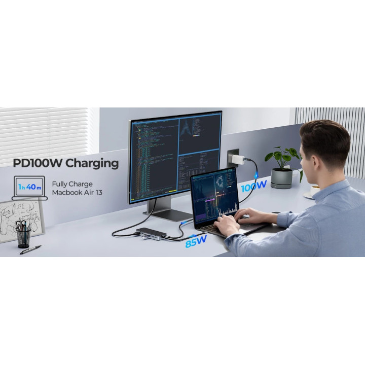 Докинг станция Orico M.2 SATA/NVMe - HDMI, USB3.2-A x 2, USB-C (10Gbps) x 1, USB-C (PD100W), SD/TF - OM28P-G2-BK