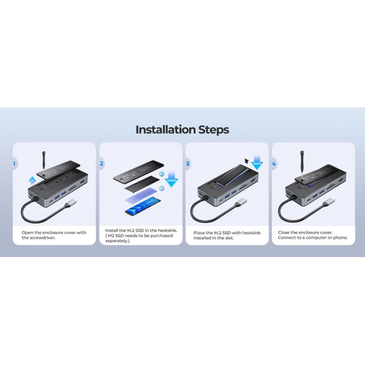 Докинг станция Orico M.2 SATA/NVMe - HDMI, USB3.2-A x 2, USB-C (10Gbps) x 1, USB-C (PD100W), SD/TF - OM28P-G2-BK