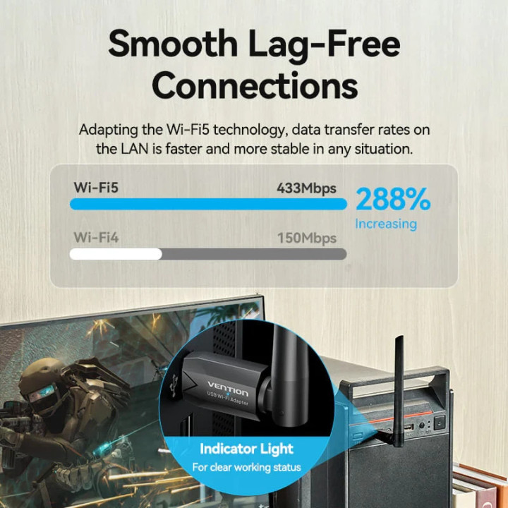 Безжичен адаптер Vention WiFi USB adapter Dual Band, 650Mbps, Black - KDTB0