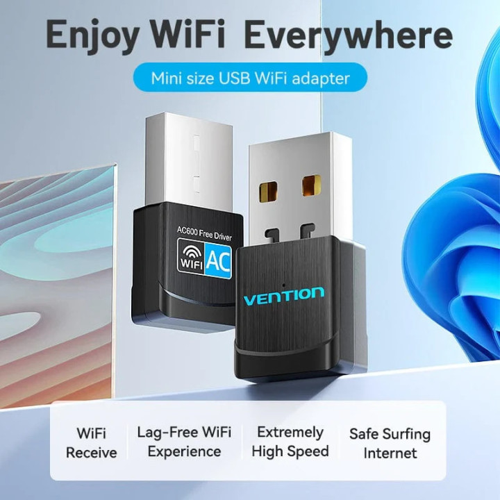 Безжичен адаптер Vention WiFi USB adapter Dual Band, 650Mbps, Black - KDSB0