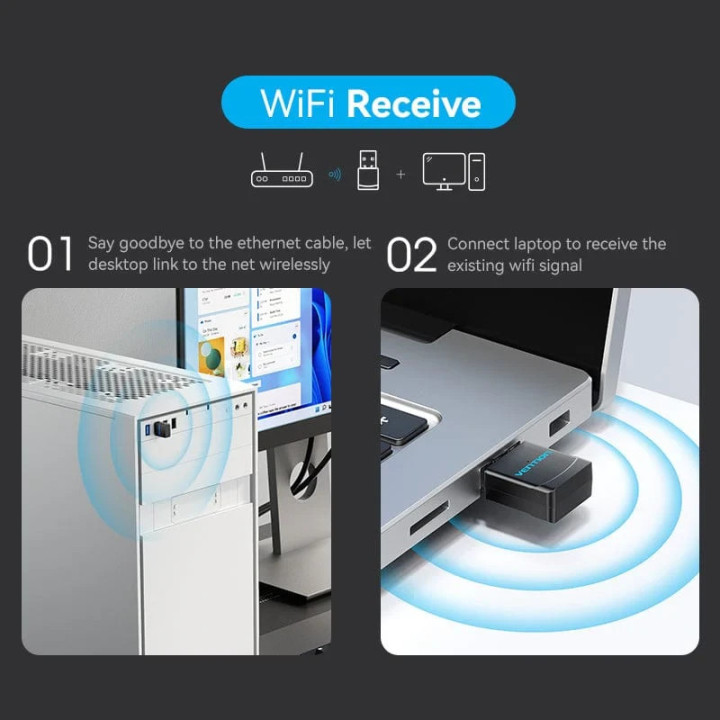 Безжичен адаптер Vention WiFi USB adapter Dual Band, 650Mbps, Black - KDSB0