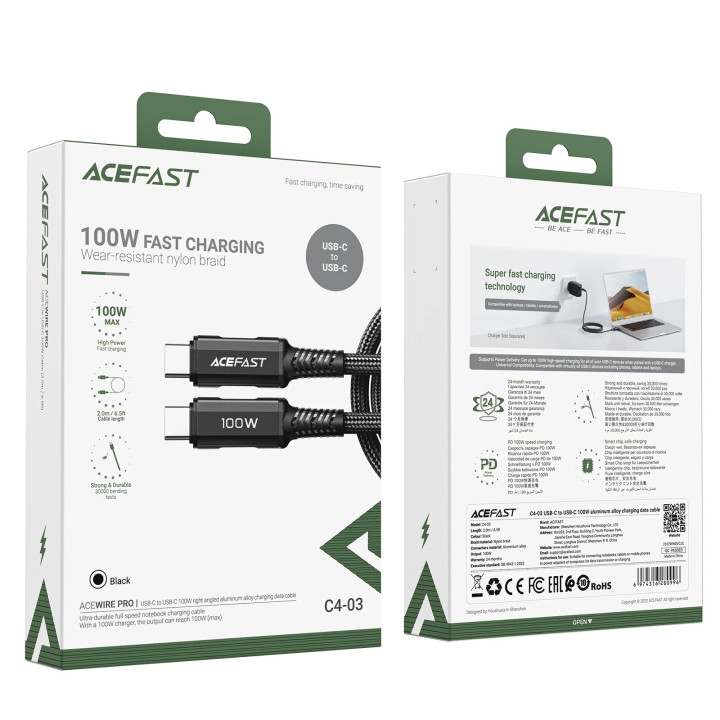 Кабел Acefast USB-C to USB-C Cable 100W 2m Aluminum alloy - C4-03 - Black - ACEFAST-C4-03-BK