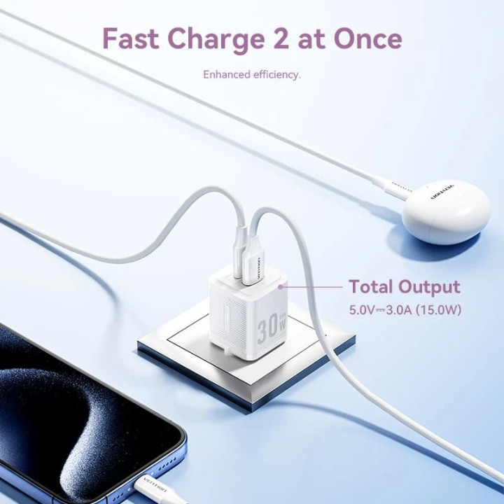 Зарядно за стена Vention Charger Wall GaN - QC3.0   Power Distribution Type-C 30W - FEQW0-EU