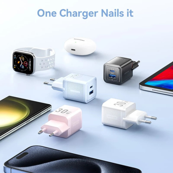 Зарядно за стена Vention Charger Wall GaN - QC3.0   Power Distribution Type-C 30W - FEQW0-EU