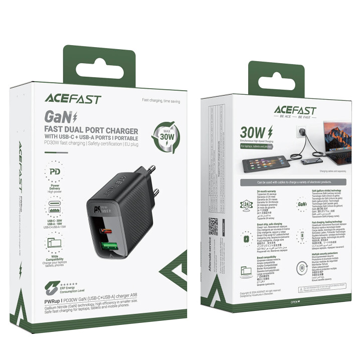 Универсално зарядно за стена Acefast Charger Wall GaN PD 30W - A98 - USB-C x 1, USB-A x 1, Black - ACEFAST-A98-BK