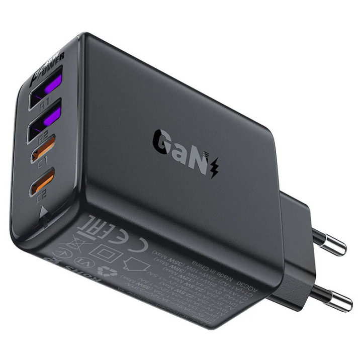 Универсално зарядно за стена Acefast Charger Wall GaN PD45W - A61 - USB-C x 2, USB-A x 2, Black - ACEFAST-A61-BK