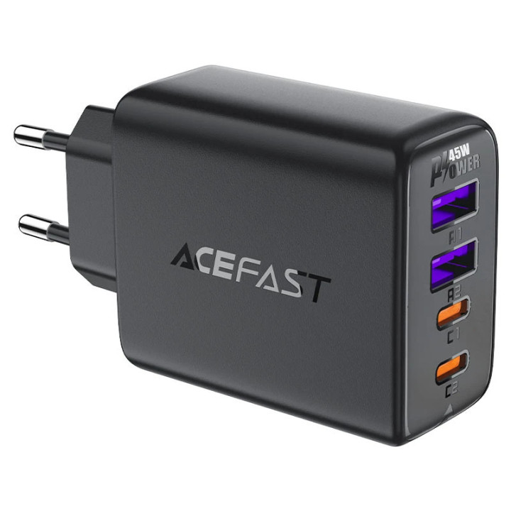 Универсално зарядно за стена Acefast Charger Wall GaN PD45W - A61 - USB-C x 2, USB-A x 2, Black - ACEFAST-A61-BK