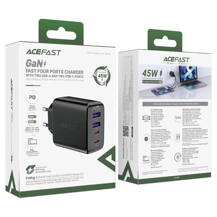 Универсално зарядно за стена Acefast Charger Wall GaN PD45W - A61 - USB-C x 2, USB-A x 2, Black - ACEFAST-A61-BK
