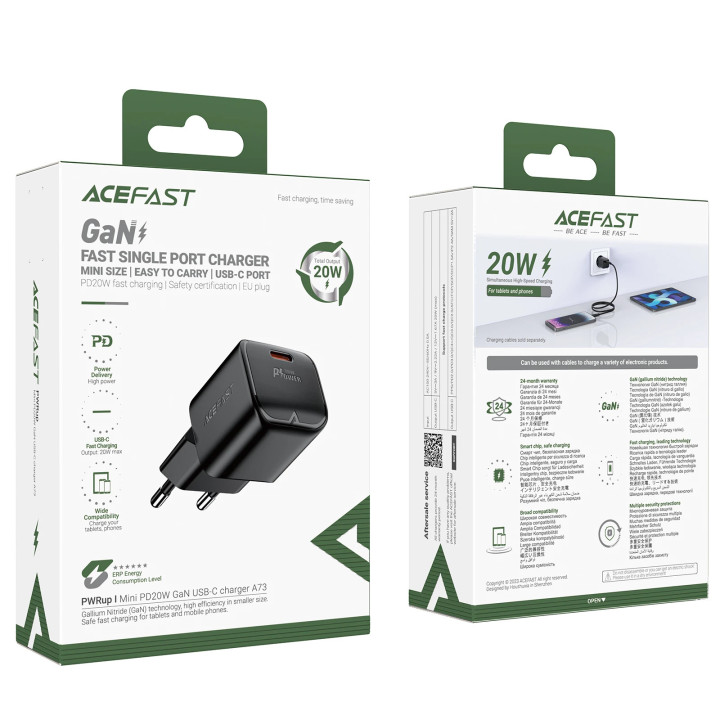 Универсално зарядно за стена Acefast Charger Wall GaN PD20W - A73 Mini - USB-C x 1, Black - ACEFAST-A73-MINI-BK