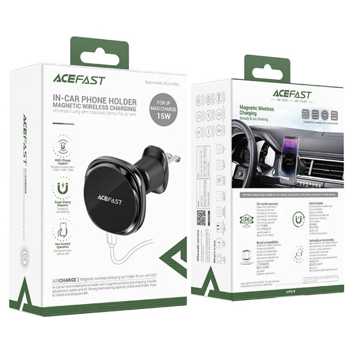 Стойка за телефон за кола Acefast Car phone holder - for Air vent, Wireless Magnetic Wireless Charging - D31 - Black - ACEFAST-D31-BK