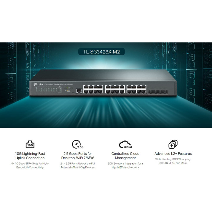 24-портов комутатор TP-Link TL-SG3428X-M2 JetStream 2.5GBASE-T L2  управляван с 4 10GE SFP  слота - SG3428X-M2