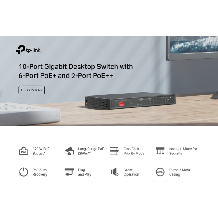10-портов гигабитен настолен комутатор TP-Link TL-SG1210PP с 6-порта PoE  и 2-порта PoE  