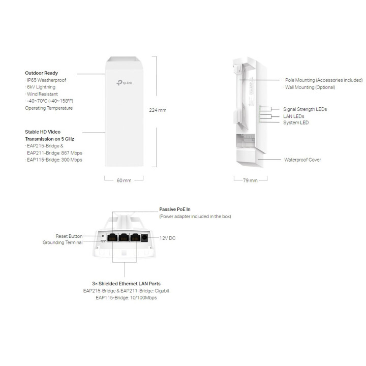 Точка за достъп TP-LINK Omada EAP215-Bridge KIT 5GHz 867Mbps Wireless Bridge за вътрешен/външен дълъг обхват